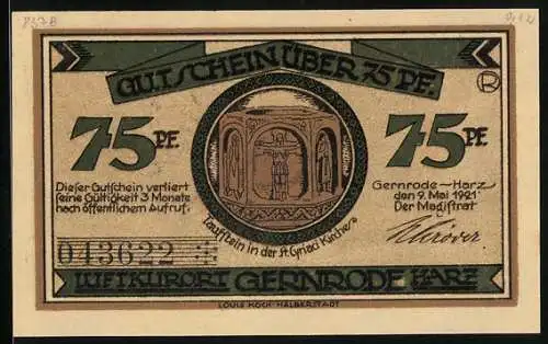 Notgeld Gernrode /Harz 1921, 75 Pfennig, Taufstein in der St. Cyriaci-Kirche