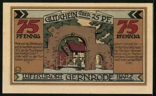 Notgeld Gernrode /Harz 1921, 75 Pfennig, Taufstein in der St. Cyriaci-Kirche