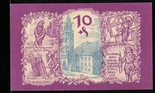 Notgeld Patschkau 1921, 10 Pfennig, Rathaus, Zwerg mit Kerze Reklame für Kieslich Motorspritzen
