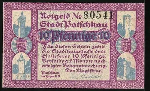 Notgeld Patschkau 1921, 10 Pfennig, Rathaus, Zwerg mit Kerze Reklame für Kieslich Motorspritzen