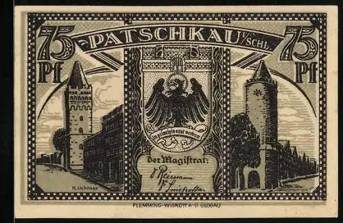 Notgeld Patschkau i. Schl., 75 Pfennig, Türme Stadtwappen