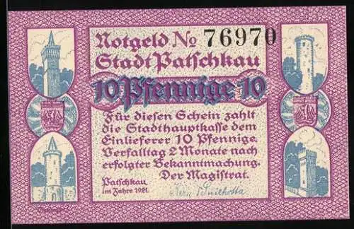 Notgeld Patschkau 1921, 10 Pfennig, Türme mit Stadtwappen