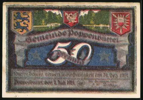 Notgeld Poppenbüttel 1921, 50 Pfennig, Henneberg`s Park, Wappen