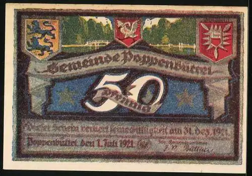 Notgeld Poppenbüttel 1921, 50 Pfennig, Hohenbuchen, Wappen