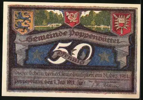 Notgeld Poppenbüttel 1921, 50 Pfennig, Hellenburger Schleuse, Wappen