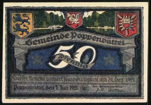 Notgeld Poppenbüttel 1921, 50 Pfennig, Dorfteich in Wellingsbüttel, Wappen