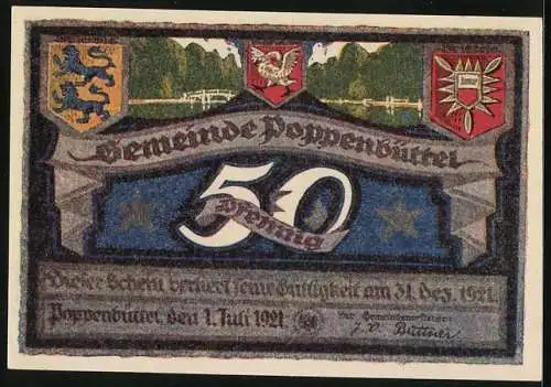 Notgeld Poppenbüttel 1921, 50 Pfennig, Wappen und Brücke über den Fluss