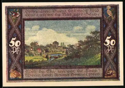 Notgeld Poppenbüttel 1921, 50 Pfennig, Ortspartie vor ca. 100 Jahren, Wappen