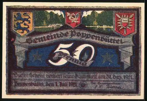 Notgeld Poppenbüttel 1921, 50 Pfennig, Ortspartie vor ca. 100 Jahren, Wappen