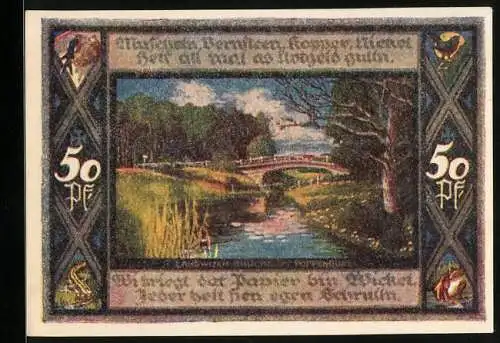 Notgeld Poppenbüttel 1921, 50 Pfennig, Wappen und Brücke über den Fluss