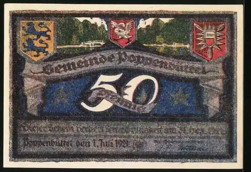 Notgeld Poppenbüttel 1921, 50 Pfennig, Wappen und Brücke über den Fluss