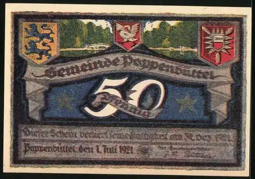 Notgeld Poppenbüttel 1921, 50 Pfennig, Malerecke an der Alster, Wappen