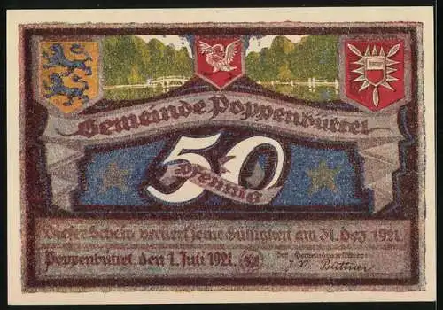 Notgeld Poppenbüttel 1921, 50 Pfennig, Alsterpartie, Wappen