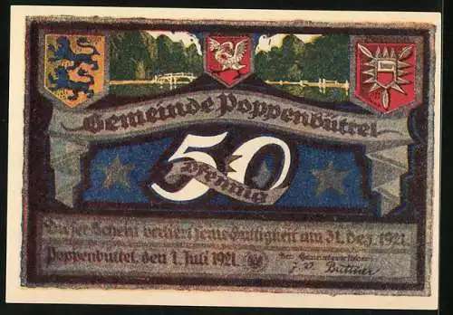 Notgeld Poppenbüttel 1921, 50 Pfennig, Henneberg`s Park, Wappen