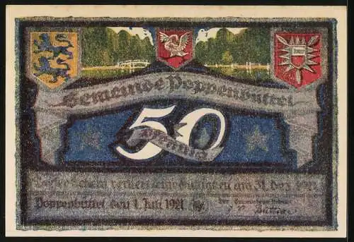 Notgeld Poppenbüttel 1921, 50 Pfennig, Wappen, Brücke über die Alster