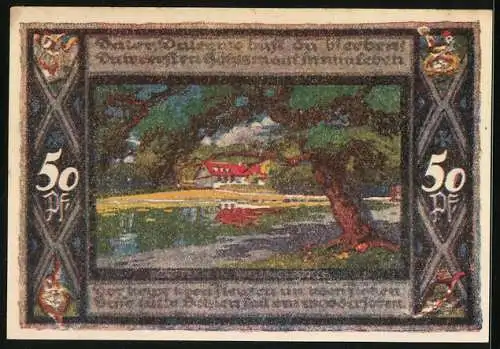 Notgeld Poppenbüttel 1921, 50 Pfennig, Wappen, Dorfteich in Wellingsbüttel