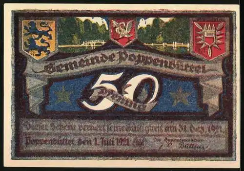 Notgeld Poppenbüttel 1921, 50 Pfennig, Hohenbuchen, Wappen