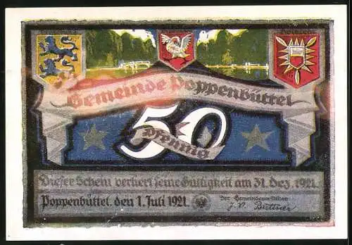 Notgeld Poppenbüttel 1921, 50 Pfennig, Hohenbuchen, Wappen