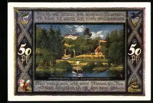 Notgeld Poppenbüttel 1921, 50 Pfennig, Wappen, Gasthof Zur Alsterschlucht im Park