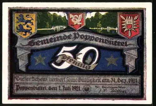 Notgeld Poppenbüttel 1921, 50 Pfennig, Wappen, Gasthof Zur Alsterschlucht im Park