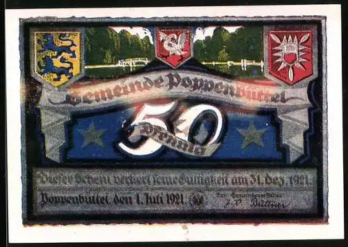 Notgeld Poppenbüttel 1921, 50 Pfennig, Wappen, Dorfteich in Wellingsbüttel