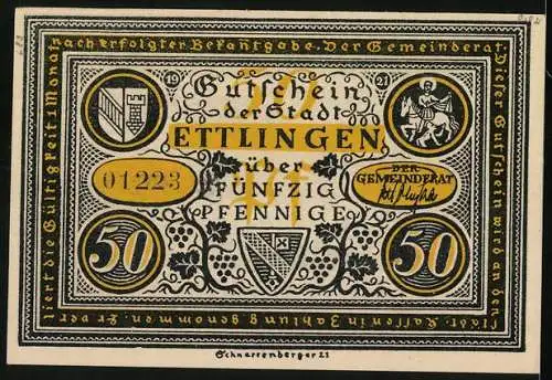 Notgeld Ettlingen, 50 Pfennig, Zwölf Ratsherrn sollten ohne Gnad`...