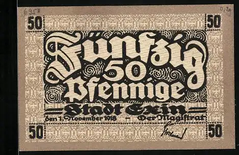 Notgeld Exin 1918, 50 Pfennig, Teilansicht mit Kirche, Wappen