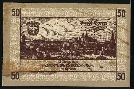 Notgeld Exin 1918, 50 Pfennig, Teilansicht mit Kirche, Wappen