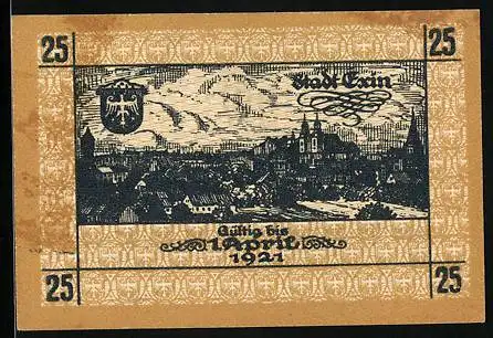 Notgeld Exin 1918, 25 Pfennig, Teilansicht mit Kirche, Wappen