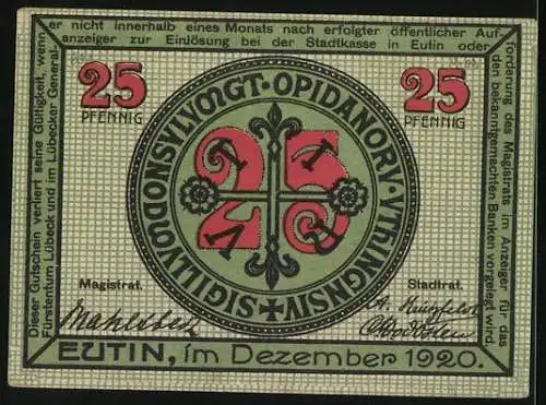 Notgeld Eutin 1920, 25 Pfennig, Voss-Haus, Stadtsiegel