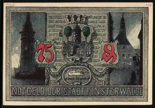 Notgeld Finsterwalde 1921, 75 Pfennig, Stadtwappen, Sänger v. Finsterwalde