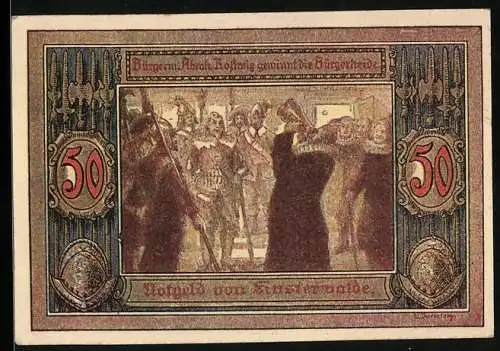 Notgeld Finsterwalde 1921, 50 Pfennig, Wappen, Bürgermeister Abrah. Rosswig gewinnt die Bürgerheide