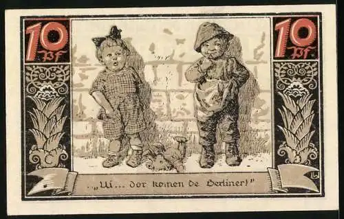 Notgeld Fürstenberg in Meckl. 1921, 10 Pfennig, Kinderpaar mit Teddy, Wappen