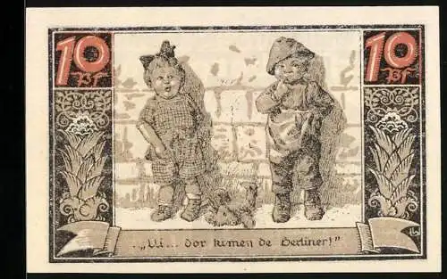 Notgeld Fürstenberg in Meckl. 1921, 10 Pfennig, Kinderpaar mit Teddy, Wappen