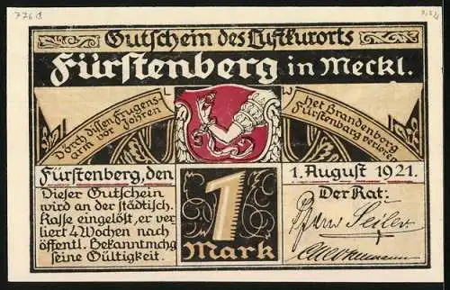 Notgeld Fürstenberg /Meckl. 1921, 1 Mark, Wappen, Strassenpartie mit Haus Schliemanns