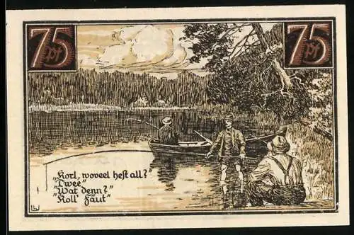 Notgeld Fürstenberg /Meckl. 1921, 75 Pfennig, Wappen, Angler an einem See