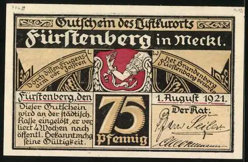 Notgeld Fürstenberg /Meckl. 1921, 75 Pfennig, Wappen, Angler an einem See