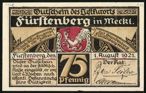 Notgeld Fürstenberg in Meckl. 1921, 75 Pfennig, Gasthaus Goldner Löwe, Mann in der altdeutschen Stube, Wappen