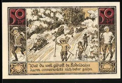 Notgeld Fürstenberg in Meckl. 1921, 50 Pfennig, Ski- und Schlittenfahrer
