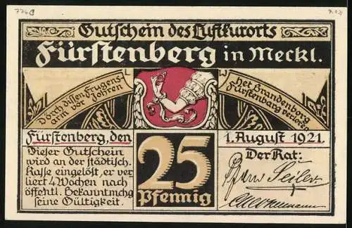 Notgeld Fürstenberg /Meckl. 1921, 25 Pfennig, Wappen, Haveldampfer, Portrait