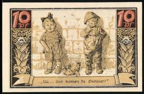 Notgeld Fürstenberg in Meckl. 1921, 10 Pfennig, Kinderpaar mit Teddy, Wappen
