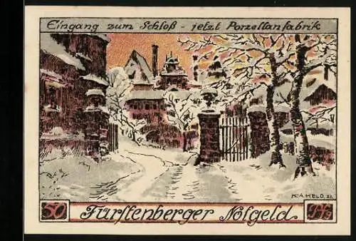 Notgeld Fürstenberg a. d. Weser 1921, 50 Pfennig, Eingang zum Schloss jetzt Porzellanfabrik im Schnee