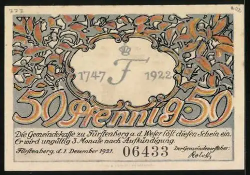 Notgeld Fürstenberg a. d. Weser 1921, 50 Pfennig, Eingang zum Schloss jetzt Porzellanfabrik im Schnee