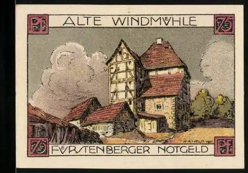 Notgeld Fürstenberg a. d. Weser 1921, 75 Pfennig, Alte Windmühle