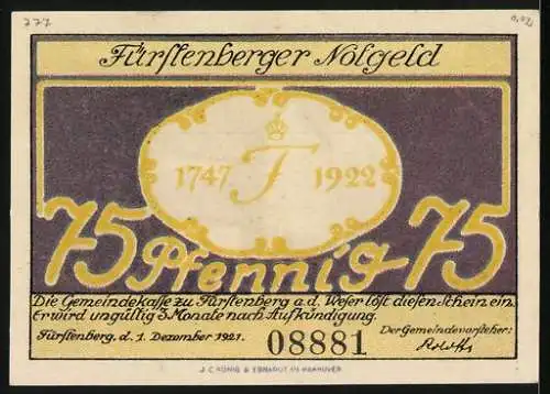 Notgeld Fürstenberg a. d. Weser 1921, 75 Pfennig, Alte Windmühle