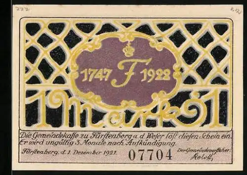 Notgeld Fürstenberg a. d. Weser 1921, 1 Mark, Dorfansicht mit Schloss