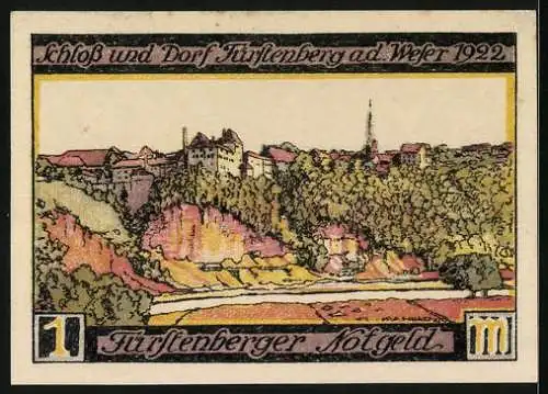 Notgeld Fürstenberg a. d. Weser 1921, 1 Mark, Dorfansicht mit Schloss