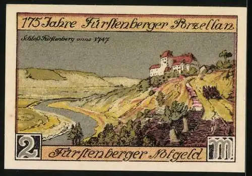 Notgeld Fürstenberg a. d. Weser 1921, 2 Mark, 175 Jahre Fürstenberger Porzellan 1747-1922, Schloss Fürstenberg 1747