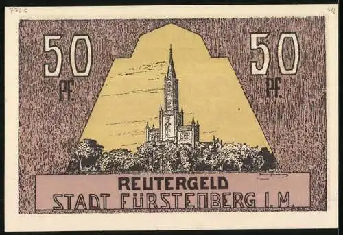 Notgeld Fürstenberg i. M. 1922, 50 Pfennig, Uferpartie mit Booten, Kirche