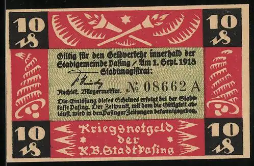 Notgeld Pasing 1918, 10 Pfennig, Fackeln, Stadtwappen
